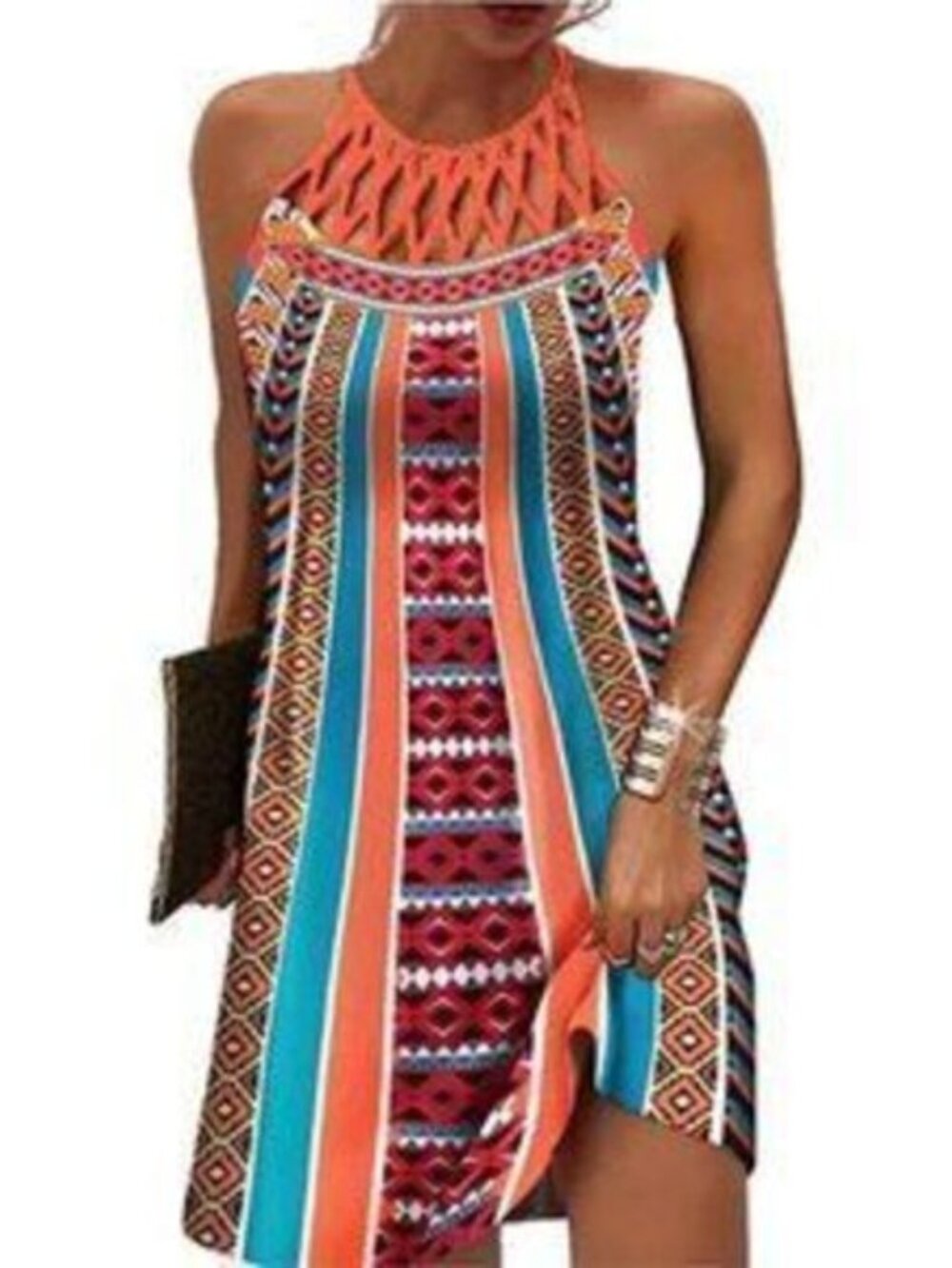 Women Summer Casual Floral Hollow Out Halter Neck A-line Cold Shoulder Sundress